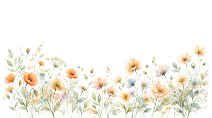 Fototapeta premium Watercolor of a horizontal border featuring a variety of wildflowers in soft orange, yellow, and blue colors on a white background isolated on a transparent background