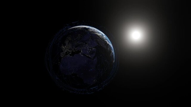 Global data transfer through space above the earth's surface. Networking and communication 3d animation.