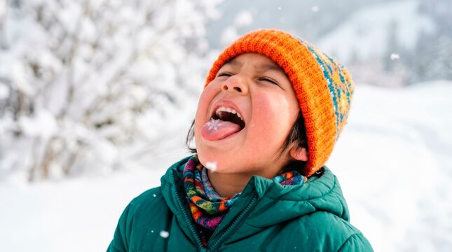 A happy family enjoys spending time outdoors in winter. A cheerful child sticks their tongue out to catch falling snowflakes on a cold winter day.