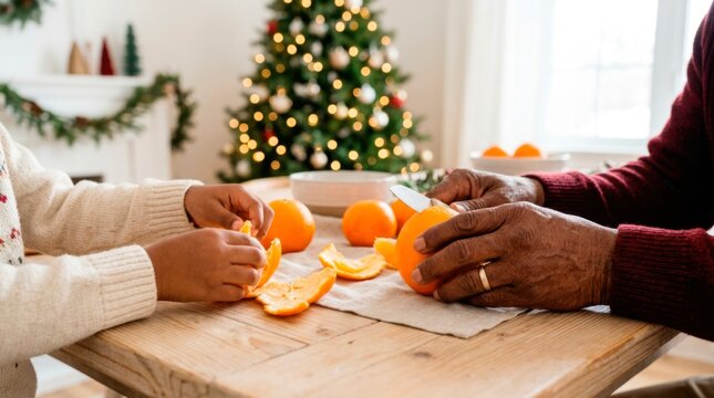 A happy family enjoys spending time together during the winter holidays. An older man and a child peel fresh orange tangerines sitting at a wooden table.