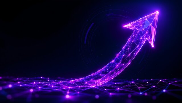 Glowing purple polygonal wireframe arrow rising over a digital network floor representing big data growth and technological progress.