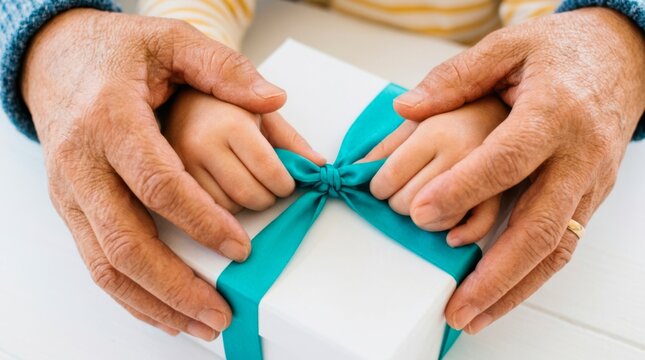 A happy family enjoys spending time together during the winter holidays. An older womans hands carefully help a young child tie a teal ribbon on a white gift box.