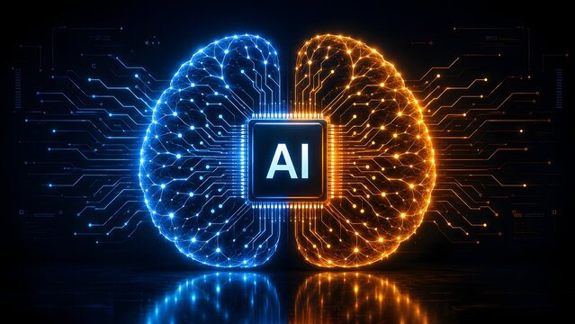 Glowing artificial intelligence brain made of circuits with a central AI microchip illuminating in blue and orange