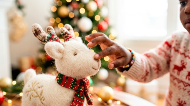 A happy family enjoys spending time together during the winter holidays. A childs small hand gently touches a fluffy knitted reindeer toy decoration by the tree.