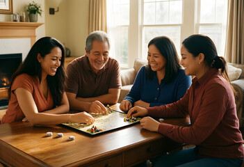 Fototapeta premium Multi-generational family bonding and togetherness, diverse family playing board game at home, happy leisure activity