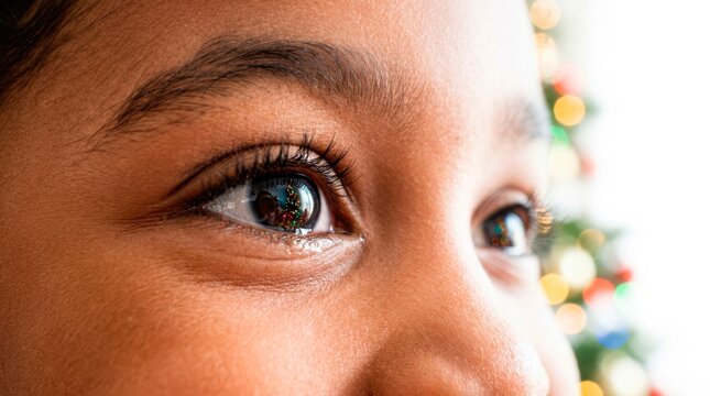 A happy family enjoys spending time together during the winter holidays. A close portrait captures the bright reflection of sparkling tree lights in a childs eye.