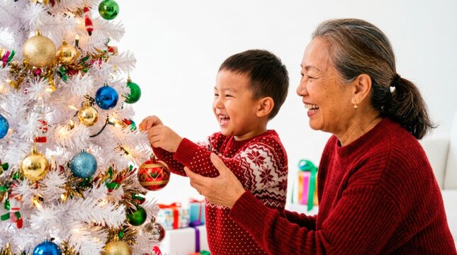 A happy family enjoys spending time together during the winter holidays. A loving grandmother and her grandson laugh happily while hanging ornaments on the decorated tree.