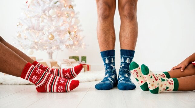 A happy family enjoys spending time together during the winter holidays. Close up of family members wearing colorful festive socks standing playfully around the tree.