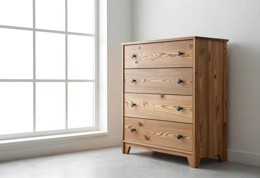 Home interior design and modern furniture, wooden dresser with drawers in a bright room with natural light from a window