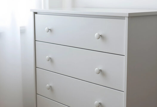 Minimalist home decor and interior design, modern white chest of drawers with clean lines and simple knobs in a bright room