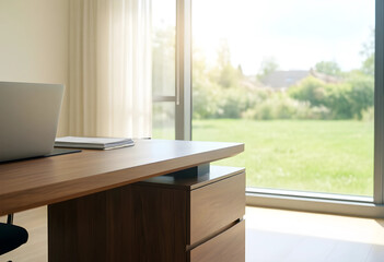 Naklejka premium Remote work and home office setup, modern wooden desk with laptop and documents by a large window with green garden view