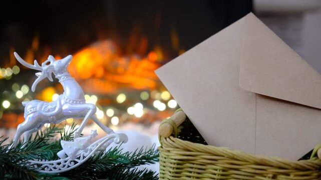 Cozy room, fireplace with a warm flame, Christmas decorations, a reindeer figurine, and a wishing envelope. Festive holiday scene, Christmas cards, seasonal marketing, comforting nostalgic atmosphere.