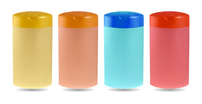 Vibrant shampoo bottles in different colors on transparent background