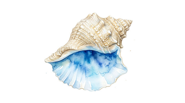 Single detailed seashell with watercolor blue interior gradient isolated on a white background conch isolated on a transparent background