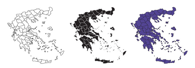 Obraz premium A set of vector maps of Greece with provincial boundaries in three styles