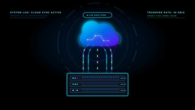 Futuristic digital cloud computing technology concept with server and data transfer visualization.