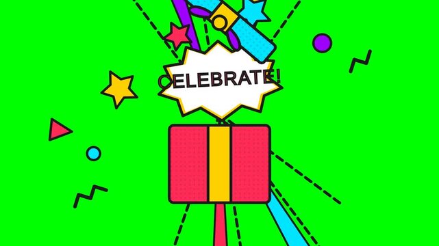 Colorful celebration with gift box and festive confetti on bright green background.