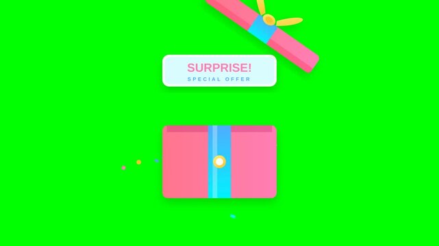 Bright pink gift box with blue ribbon and surprise message on green background.