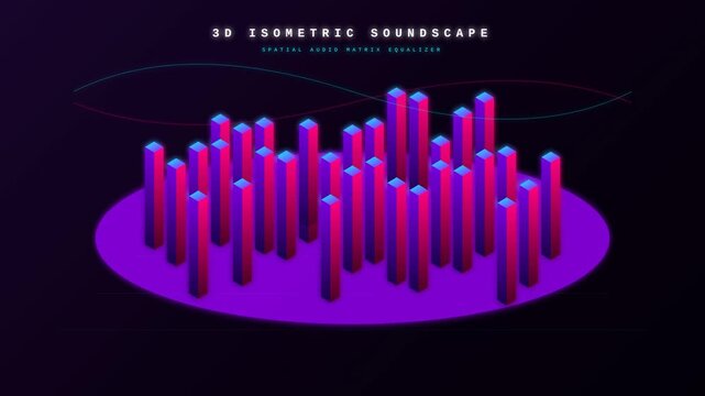 3D isometric soundscape visualization with vibrant purple and blue bars on dark background.