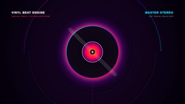 Abstract digital illustration of a vinyl record with glowing neon effects and futuristic design elements.