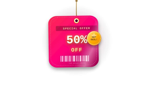 Bright pink sale tag with fifty percent discount and barcode on white background.