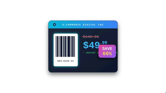 Digital price tag showing discount and savings on a blue background.