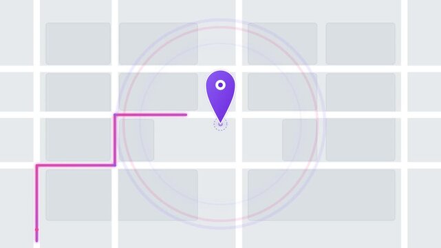 Abstract digital map interface with location pin and route path on grid background.