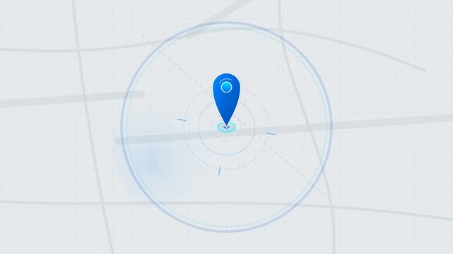 3D illustration of a blue location pin on a digital map interface with circular grid lines.