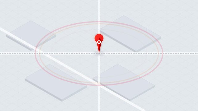 3D map location pin marking a specific point on a digital grid map.