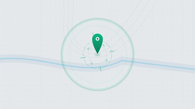 Abstract digital location pin on a minimalistic map interface with circular radar effect.