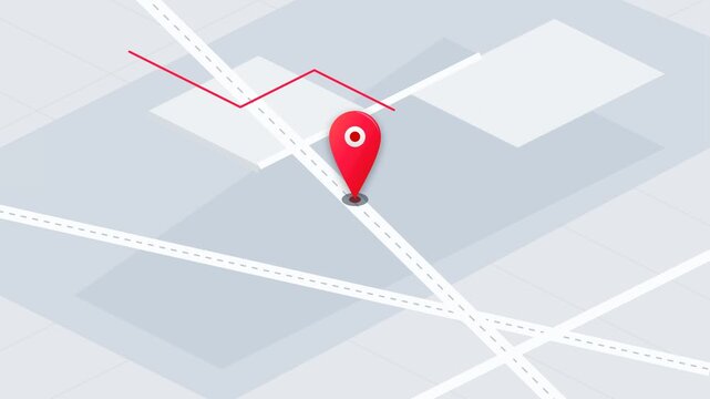 Abstract digital map interface with red location pin and geometric shapes.