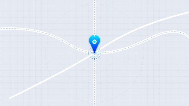 Minimalist map showing a location pin at the intersection of roads on a light blue grid background.
