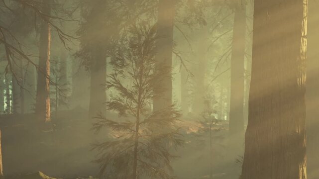 In a dense forest, light filters through tall trees in the early morning. Sun rays shine down, creating a warm atmosphere. The forest is lush with greenery.