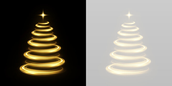 Glowing Christmas tree with a spiral light trail and sparkling stars
