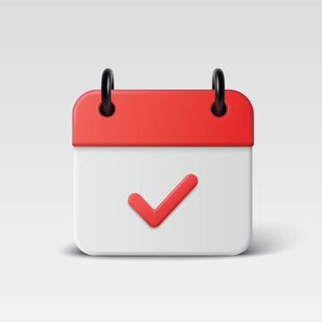 Calendar Check Mark Icon, Vector Illustration. 3d Calendar Check Mark with Red Tick and Shadow. Calendar Check Mark Symbol for Schedule, Reminder, Planning, Appointment, Event