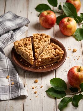 Three slices of homemade apple crumble pie served on a rustic wooden plate
