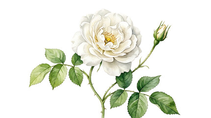 Obraz premium A delicate white rose in full bloom accompanied by a small closed bud, green leaves, and a thorny stem, rendered as a botanical on transparent isolated on a transparent background