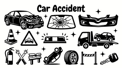 Naklejka premium car accident scenes featuring damaged vehicles broken windshields dented bumpers warning signs traffic cones emergency lights tow trucks and roadside safety equipment insurance claims road safety