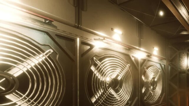 Light reflects off a metallic wall featuring circular patterns. The setting appears to be in a futuristic space environment with bright lights above.