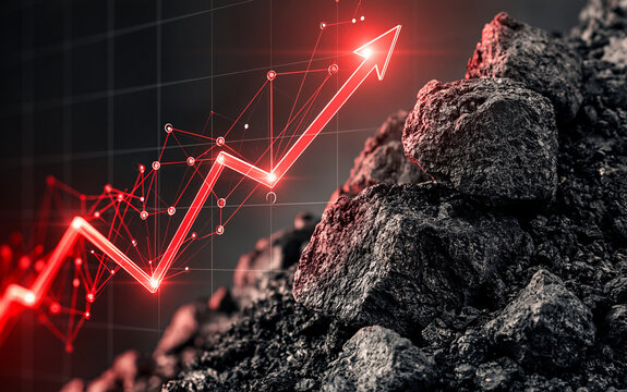 Red rising line graph on coal pile