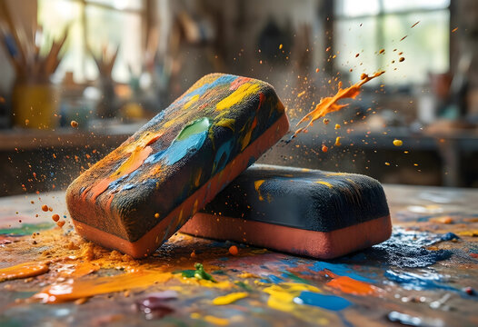 Creative expression and artistic process, colorful paint splatters on art sponges in a vibrant studio setting