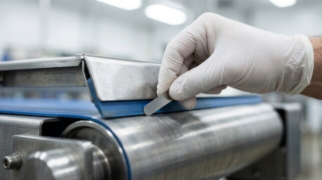 Quality Control Inspector Checking Conveyor Belt Gap with Feeler Gauge - Industrial Maintenance Concept