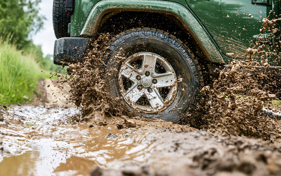 Low angle view of suv wheel driving through mud puddle on country road