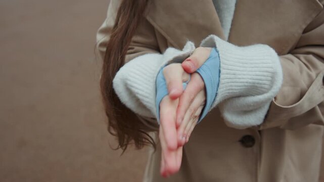 Close up of young woman with long brown hair wearing beige coat and white knit sweater rubbing cold hands together to warm them. Her fingers show visible redness from chill against unfocused