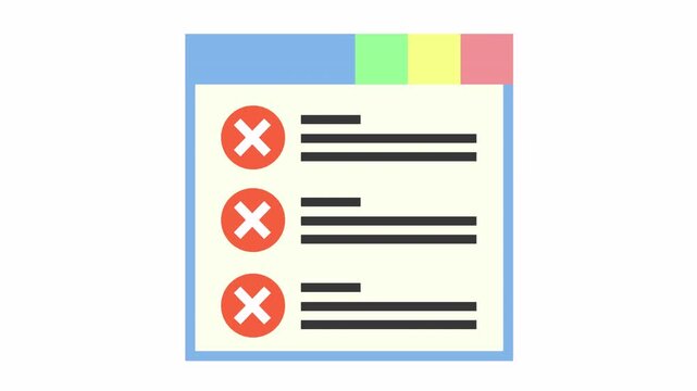 Failed task checklist document with red cross marks and colorful tab dividers cartoon animation for an error report document icon and rejected data validation concept isolated on an alpha channel.
