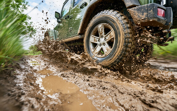 Low angle view of suv wheel driving through mud puddle on country road