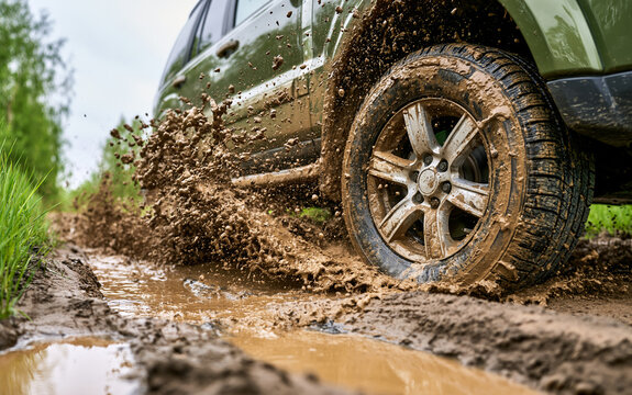Low angle view of suv wheel driving through mud puddle on country road