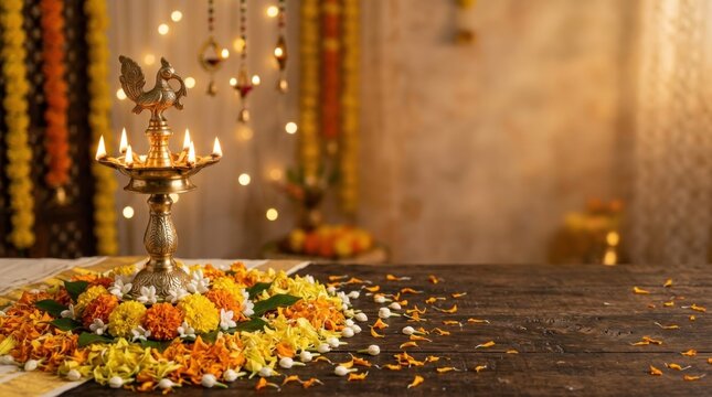 Traditional brass oil lamp surrounded by flower petals and garlands for Onam festival celebration. Indian Hindu cultural decoration with warm candlelight and copy space.