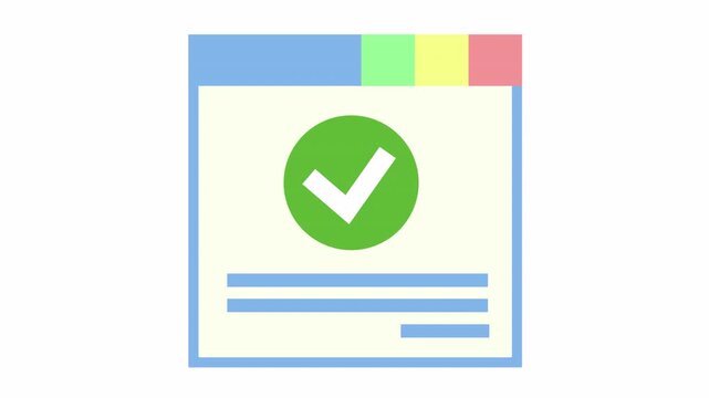 Task list document with green checkmarks and colorful tab dividers cartoon animation for completed checklist icon and successful project management notification element isolated on an alpha channel.