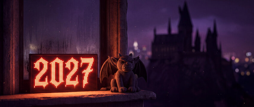 Futuristic 2027 New Year LED display with gargoyle figurine on windowsill against a dark gothic castle background
